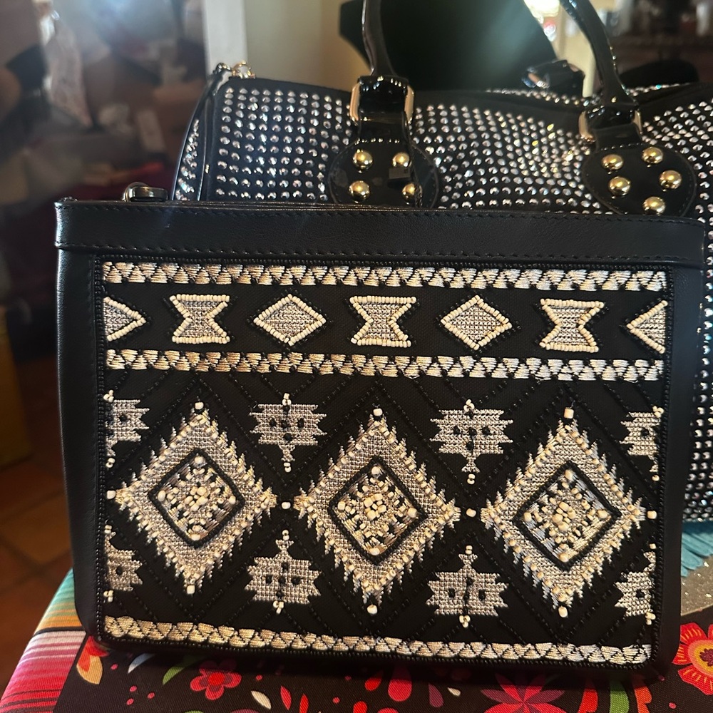 Gorgeous Black & White Beaded Clutch Leather